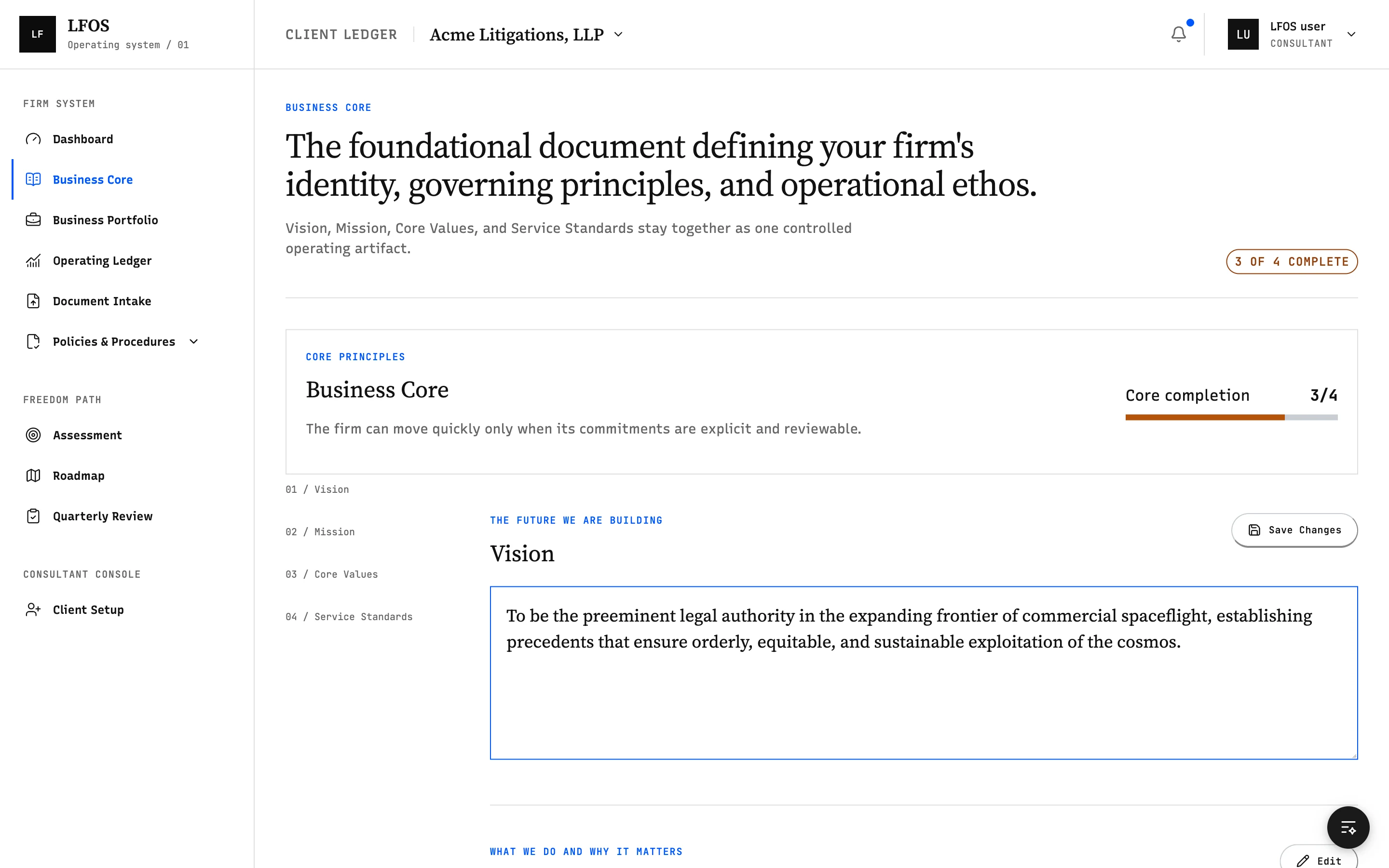 Dashboard screenshot: Business Core