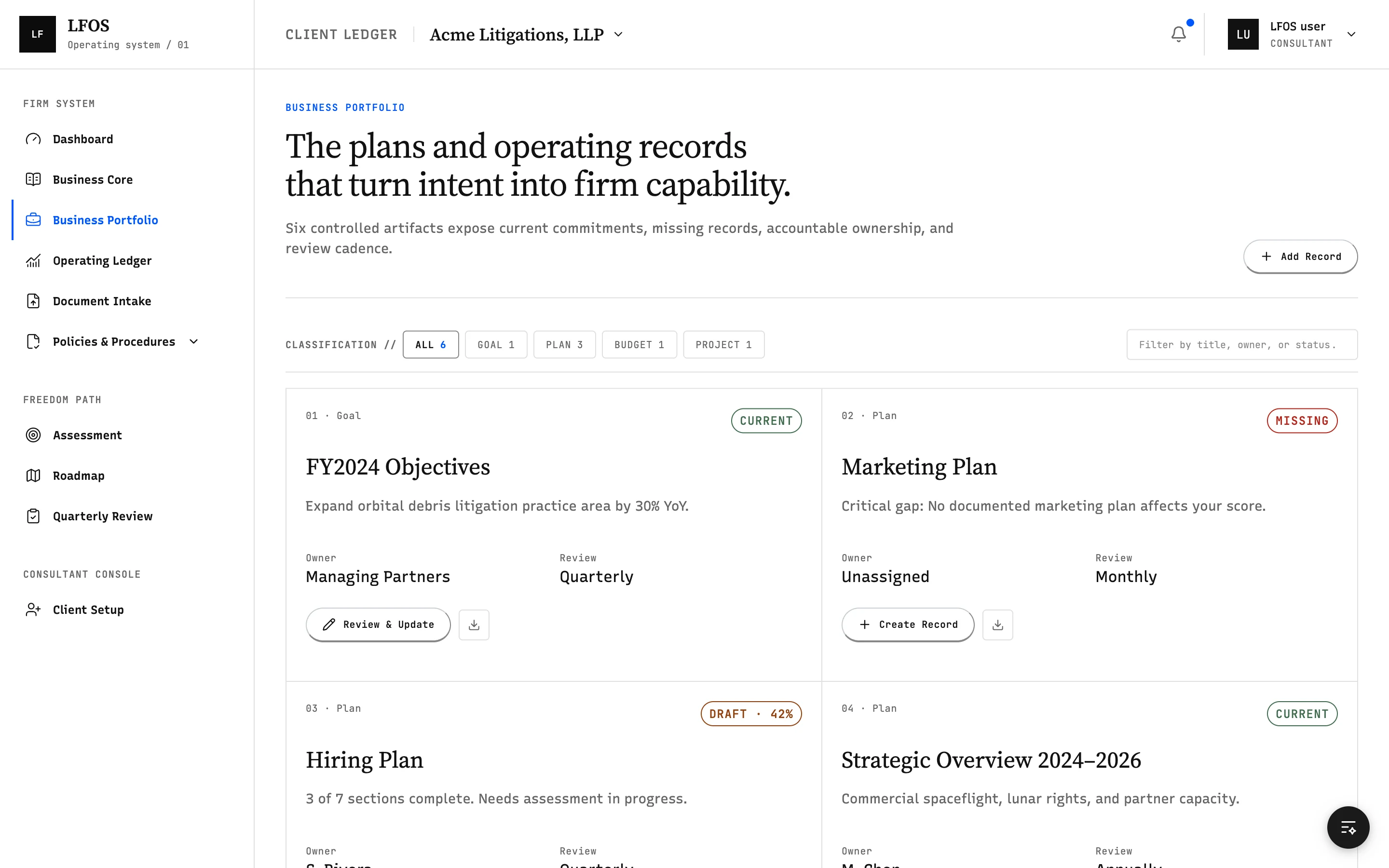 Dashboard screenshot: Business Portfolio