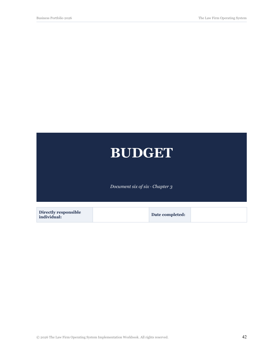 Page 42 of the Business Portfolio 2026: the Budget, document six of six, with the six components and how this section works.