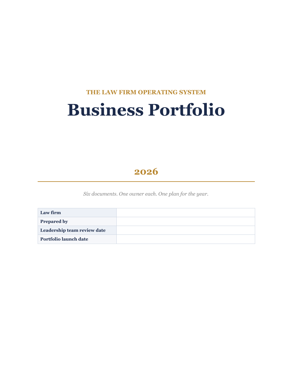 Cover of the Business Portfolio 2026: six documents, one owner each, one plan for the year.