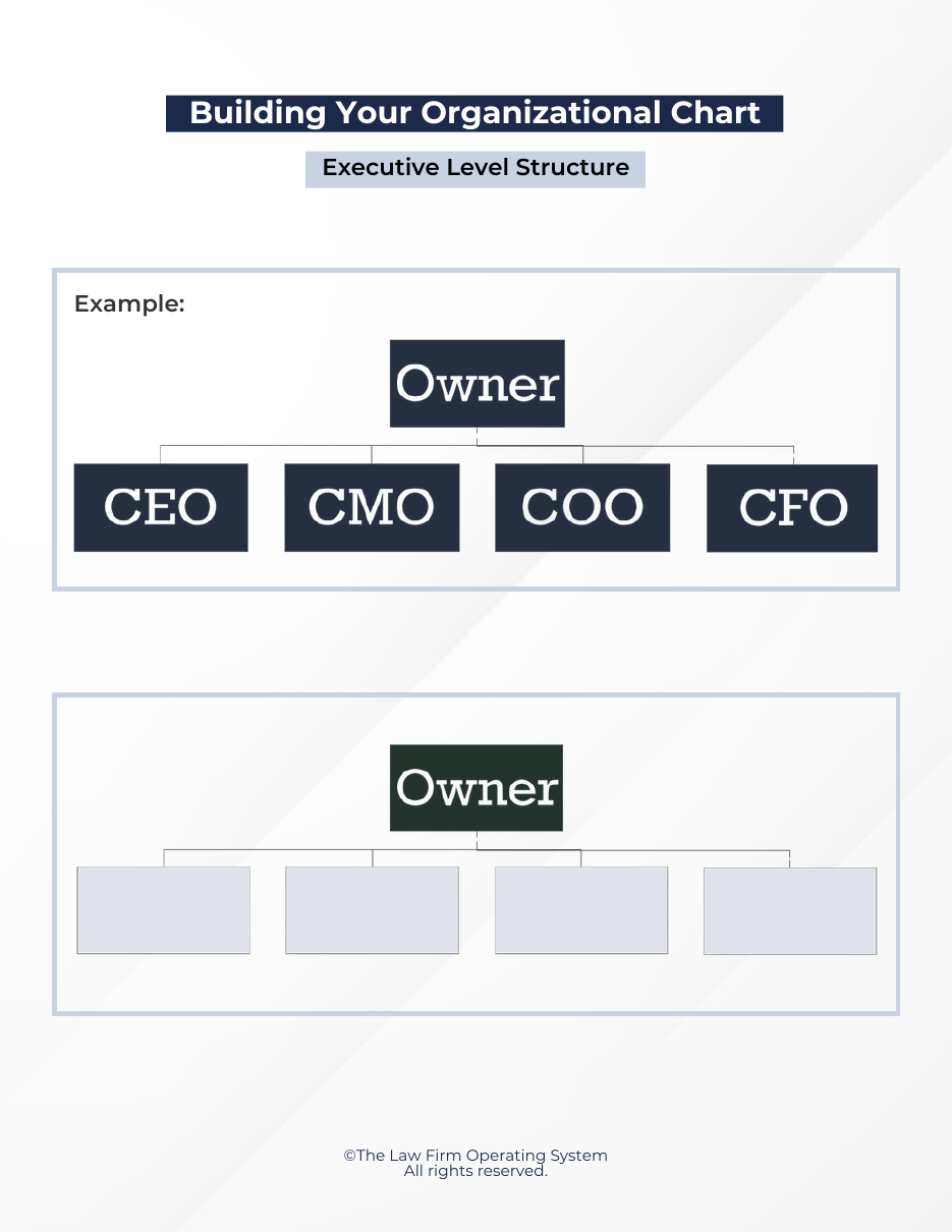 First page of the Organizational Chart: the executive level structure, with the Owner over the CEO, CMO, COO and CFO, and a blank chart beneath it.