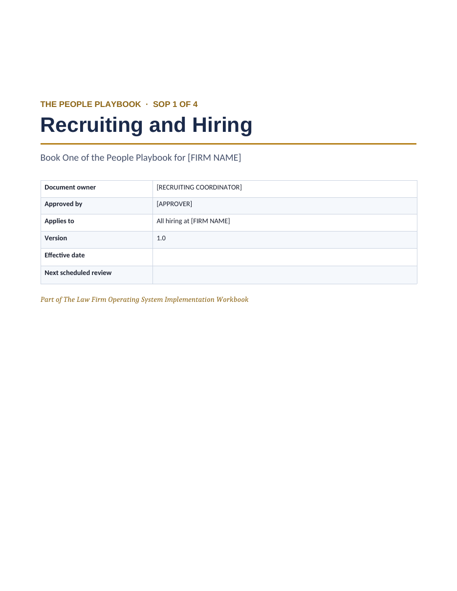 First page of Book One of the People Playbook, Recruiting and Hiring: the document owner, approver, version and effective date.
